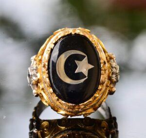 Erkekler için Altın Kaplama Gümüş Yüzük - Yüzük (Yıldız ve Hilal) - Görsel 5