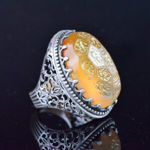 Gerçek Doğal Akik, İslami Şeriat Yazılı Yüzük - 925 Ayar Gümüş El Yapımı Erkek Büyük Yüzük - Görsel 4