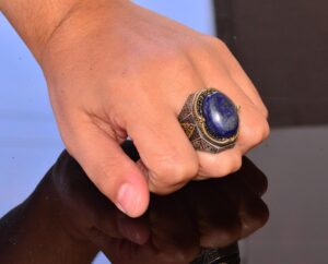 El Yapımı Vintage Tasarım Zümrüt Yüzük - 925 Ayar Gümüş Erkek Yüzük Altın Aksamlarıyla (Lapis Lazuli) - Görsel 7