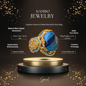 Gerçek Doğal Taş Yüzük, 925 Ayar Gümüş Kral - Altın Kaplama (Mavi Akik) - Görsel 2