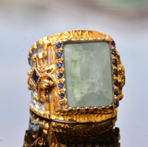 Doğal Akuamarin Taşlı El Yapımı Yüzük, Altın Kaplama Sterlin Gümüş Erkek Yüzüğü - Sakinlik ve Cesaret Sembolü - Görsel 5