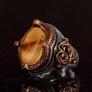 925 Ayar Gümüş Erkek Yüzük, Kehribar Taşlı Yüzük, Gerçek Doğal Kehribar Taşlı Yüzük - Görsel 5