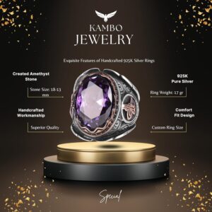 Ametist Yapay Taşlı Yüzük, 925 Ayar Gümüş Yüzük, Osmanlı Tugra Gümüş Yüzük - Görsel 2