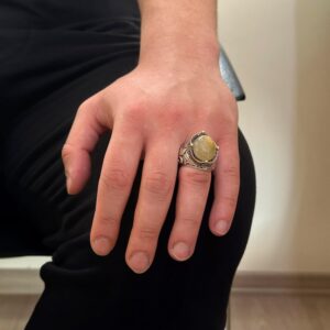 925 Ayar Gümüş El Yapımı Erkek Yüzük - Çeşitli Doğal Taşlarla Mevcuttur (Cabochon Altın Rutilatlı Kuvars) - Görsel 3