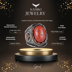 Osmanlı Tuğrası Gümüş Yüzük, 925 Ayar Saf Gümüş Yüzük, El Yapımı Doğal Kırmızı Kan Taşı Yüzük - Görsel 2