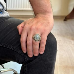 Aslan Başlı Gümüş Yüzük, El Yapımı Doğal Akuamarin Taşlı Yüzük - Huzurlu 925 Ayar Sert Gümüş Erkek Yüzüğü - Sakinlik Tasarımı - Görsel 3