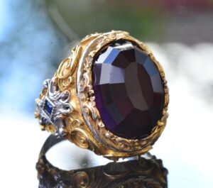 Yapay Ametist Taşlı Gümüş Büyük Şovalye Yüzüğü, Altın Kaplama - Görsel 3