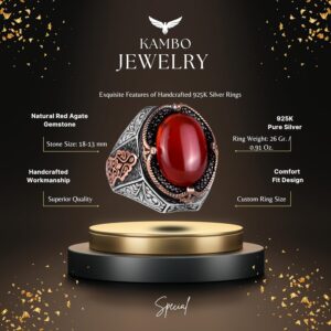 Doğal Kırmızı Akik Taş Yüzük - 925 Ayar Gümüş Yüzük Erkekler İçin, Farklı Yüzük - Görsel 2