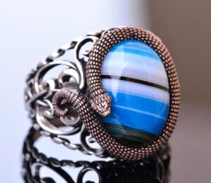 925 Ayar Katı Gümüş Erkek Yüzük, Doğal Taşlarla - El Yapımı Zarafet (Mavi Akik Taşı) - Görsel 3