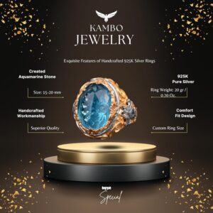 925 Ayar Gümüş Erkek Yüzük, Kral Yüzük, Yapay Akuamarin Taşlı Yüzük Erkekler İçin - Görsel 2