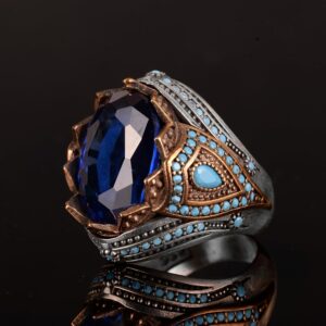 925 Ayar Gümüş Erkek Yüzük, Yapay Mavi Safir, Tarzı Türk Tasarımı - Görsel 5