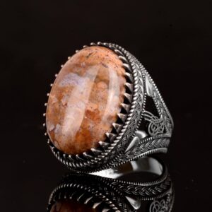 Büyük Yüzük, Gerçek Doğal Ateş Akik Taşı Yüzüğü, 925 Ayar Gümüş Yüzük Erkekler İçin - Görsel 5