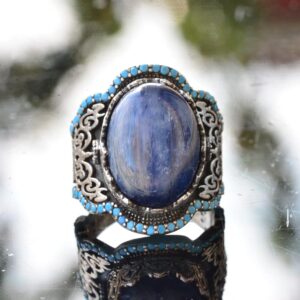 El Yapımı 925 Ayar Gümüş Erkek Yüzük - Doğal Taşlı (Kyanit) Orta Doğu Tasarımı - Görsel 6