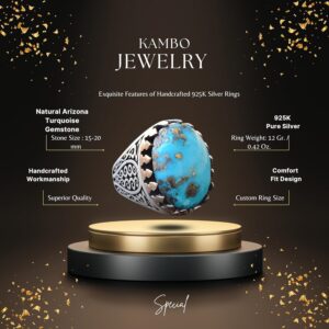 Erkekler için Sterlin Gümüş Yüzük - Doğal Arizona Turkuaz Taşı - Görsel 2