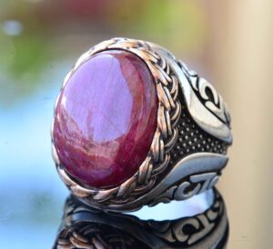 Gerçek Doğal Cabochon Yakut Taşı, Yakut Yüzük, Sterlin Gümüş Erkek Yüzüğü, Pembe - Görsel 3