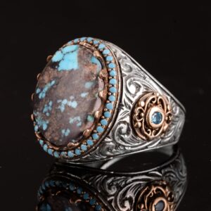 Erkekler için El Yapımı Doğal Arizona Turkuaz Taşı Yüzük, 925 Ayar Gümüş Yüzük, Sultan Yüzük (Stil-8) - Görsel 5
