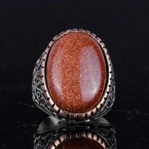 Yapay Taş Yüzük, 925 Ayar Gümüş Erkek Yüzüğü, Büyük Yüzük (Kahverengi Güneş Taşı Yapay Taş) - Görsel 4