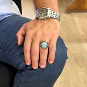 Doğal Cabochon Akuamarin Taş Yüzük - El Yapımı 925 Ayar Gümüş Yüzük - Sakinlik, Koruma ve Cesaretin Sembolü - Görsel 3