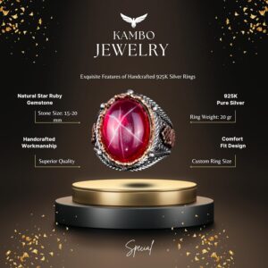 925 Ayar Gümüş Erkek Yüzüğü, El Yapımı Doğal Yıldız Yakut Taşlı Yüzük - Görsel 5