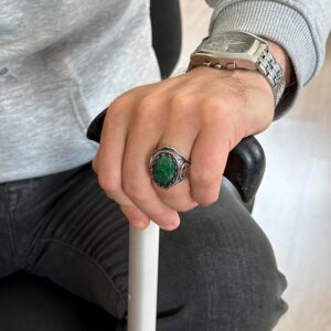 925 Ayar Katı Gümüş Erkek Yüzük Doğal Zümrüt Taşı ile - El Yapımı Zarafet - Görsel 3