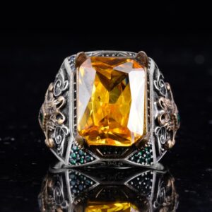 Sterling Gümüş Erkek Yüzük ile Yapay Sitrin Taşı – Vintage Tasarım – El Yapımı İfadesel Yüzük - Görsel 6