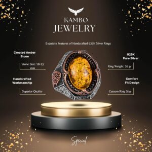 Şık El Yapımı 925 Ayar Gümüş Erkek Yüzüğü, Yapay Açık Sarı Amber Taşı) - Görsel 2