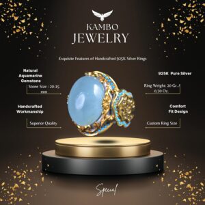 Gerçek Doğal Akuamarin Altın Kaplama Yüzük - 925 Ayar Gümüş El Yapımı Erkek Takısı - Görsel 2