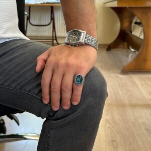 Akvamarin Cam Taşlı Yüzük - El Yapımı Erkek Yüzüğü - Şık 925 Ayar Gümüş Erkek Yüzüğü - Görsel 3
