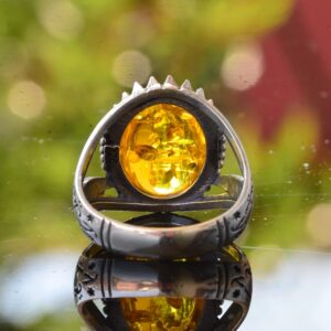 İslami Yüzük, Erkekler için 925K Katı Gümüş Yüzük, Yapay Amber Taşı Yüzüğü - Görsel 5