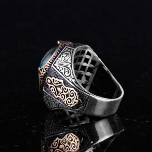 Gerçek Doğal Krysokolla Taşlı Yüzük - 925 Ayar Katı Gümüş Erkek Yüzüğü - Görsel 7