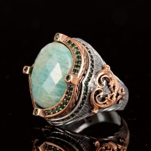 Gerçek Doğal Amazonit Taş Yüzük, Erkek Yüzüğü, 925 Ayar Gümüş Yüzük, El Yapımı Yüzük - Görsel 5