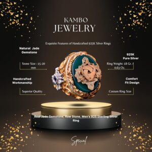 Jade Taşı Yüzük - 925 Ayar Gümüş Mühür Yüzük - El Yapımı Erkek Altın Kaplama Yüzük (Aile Arması) - Görsel 2