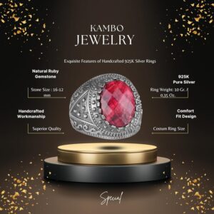 Gerçek Doğal Taş Yüzük, 925 Ayar Katı Gümüş Erkek Yüzüğü (Yakut) - Görsel 2