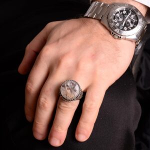 925 Ayar Gümüş Yüzük, Gerçek Doğal Malahit Taş Yüzük, Yuvarlak Erkek Yüzüğü - Görsel 7