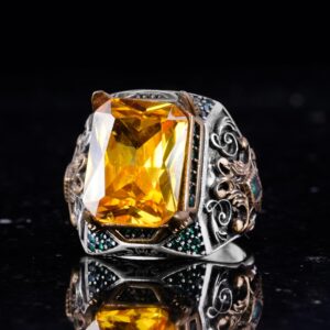 Sterling Gümüş Erkek Yüzük ile Yapay Sitrin Taşı – Vintage Tasarım – El Yapımı İfadesel Yüzük - Görsel 4