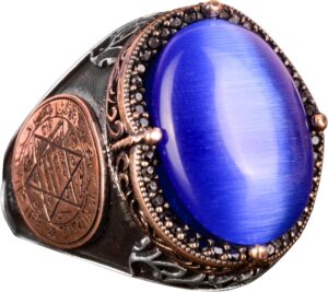 Davud Yıldızı Gümüş Yüzük, Lacivert Kedi Gözü Yapay Taş, 925 Ayar Gümüş Süleyman Yüzüğü - Görsel 1