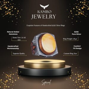 925 Ayar Gümüş Erkek Büyük Yüzük - Gerçek Doğal Amber Taşı - Zulfiqar Kılıcı Sembolü ile Gümüş Yüzük - Görsel 2