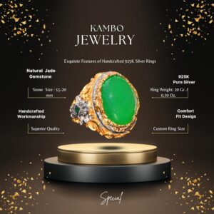 Gerçek Doğal Yeşil Jade Taş Yüzük, 925 Ayar Gümüş Yüzük, Erkek Yüzük - Görsel 2