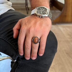 925 Ayar Gümüş Yüzük, Yapay Taş Yüzük, Şahin Sembol Yüzük, El Yapımı Yüzük (Yapılan kahverengi güneş) - Görsel 3