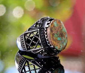 925 Ayar Gümüş Gerçek Doğal Arizona Turkuaz Taşlı Erkek Yüzük - El Yapımı İfadeli Takı - Görsel 4