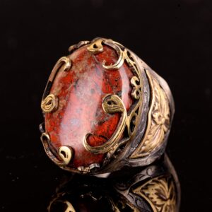 925 Ayar Gümüş Erkek Yüzük - Doğal Kan Taşı Osmanlı Etkili Tasarım - Görsel 4