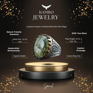 Gerçek Doğal Prehnit Taş Yüzük, 925 Ayar Gümüş Erkek Yüzüğü, El Yapımı Tasarım - Görsel 2