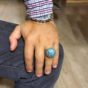 Gerçek Doğal Turkuaz Taşlı Gümüş Erkek Yüzüğü, Cesur Hamur Tasarımı - Görsel 3