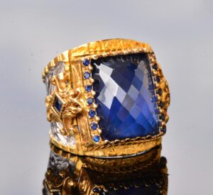 El Yapımı Zirkon Taşlı, Altın Kaplama Sterlin Gümüş Erkek Yüzük - Bilgelik ve Krallığın Simgesi - Görsel 3