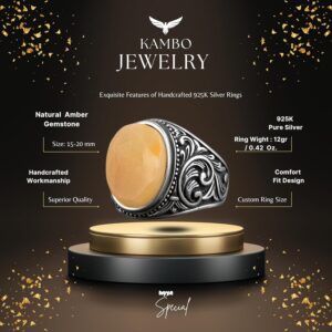 Gerçek Doğal Kehribar Taşlı Yüzük, Minimalist Yüzük, 925 Ayar Gümüş Yüzük Erkekler İçin - Görsel 2