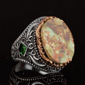 Gerçek Doğal Arizona Turkuaz Taşı Erkek Yüzüğü, El Yapımı Yüzük, 925 Ayar Gümüş Yüzük - Görsel 5