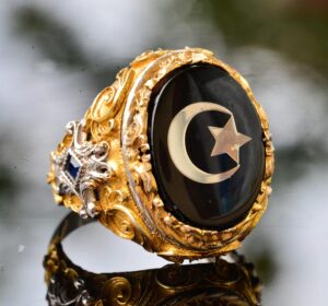 Erkekler için Altın Kaplama Gümüş Yüzük - Yüzük (Yıldız ve Hilal) - Görsel 3