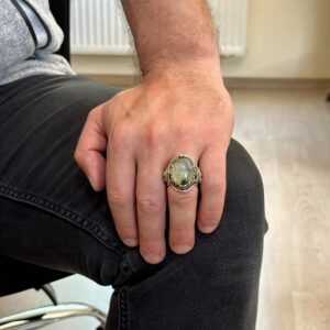 Aslan Yüzük Erkekler için, Doğal Prehnit Yeşil Taş Yüzük - Şifa Veren 925 Ayar Sıkı Gümüş Erkek Yüzük - Huzur ve İçgörü Tasarımı - Görsel 2