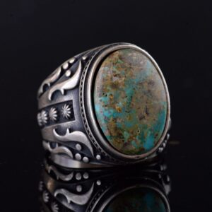 925 Ayar Gümüş Erkek Yüzük - Doğal Arizona Turkuaz Taşı - Vintage Tasarım El Yapımı Takı (Model-3) - Görsel 5