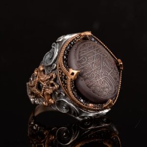 925 Ayar Gümüş Erkek Yüzük, Doğal Hematit Taşı, Vintage İslami Tevhid Tasarımı, Oymalı Hat Sanatı - Görsel 5